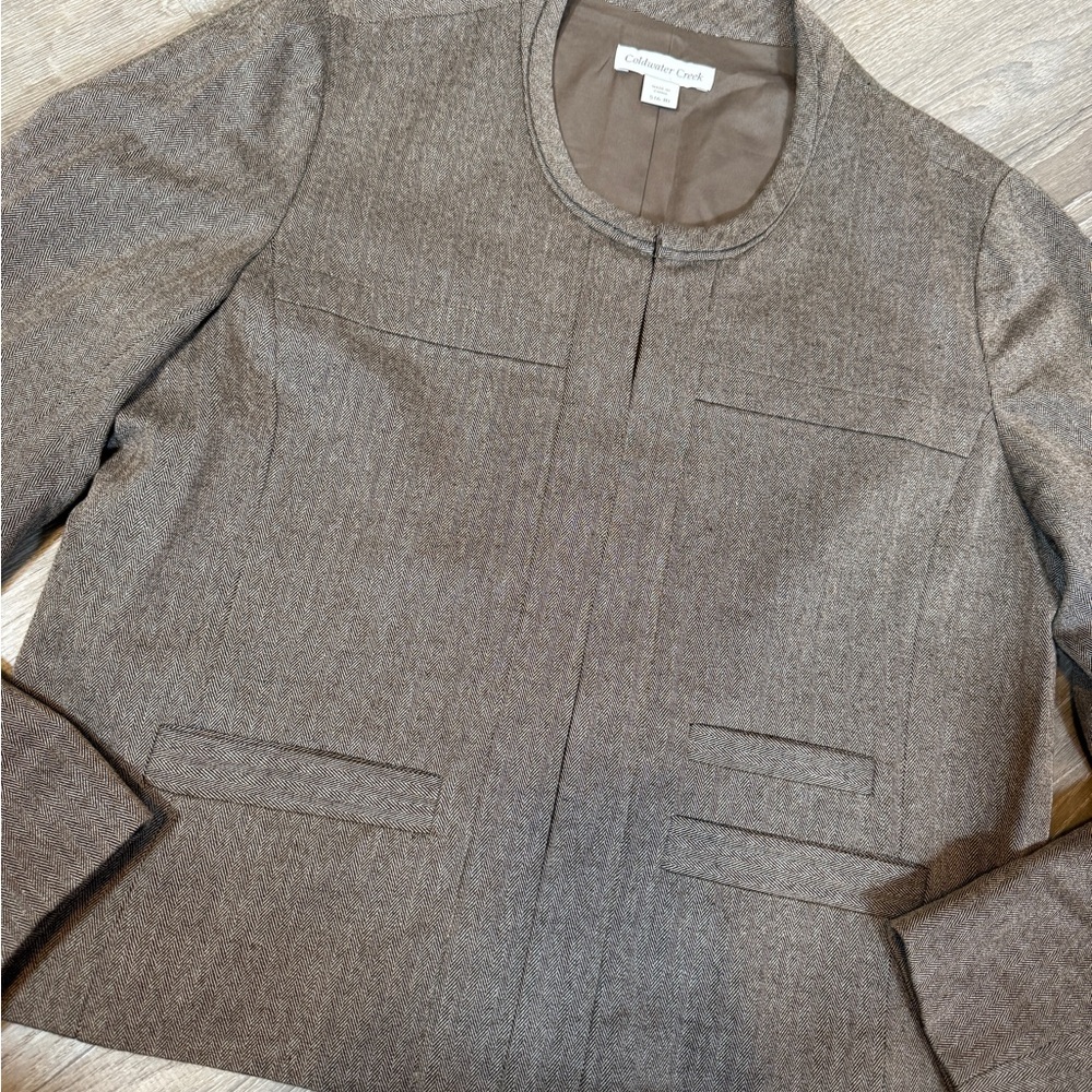 Coldwater Creek Brown Herringbone Collarless Hook And Eye Blazer-size S (6-8) - Picture 3 of 12